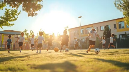 Group of Children Playing Soccer on a Sunny Day