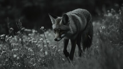 Fototapeta premium Red fox walking through a grassy field with flowers bright natural lighting soft focus on details