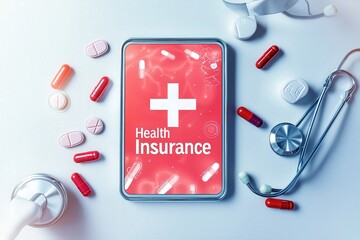 A smartphone displays health insurance information surrounded by various pills and a stethoscope. This setting emphasizes the importance of health coverage in modern healthcare.