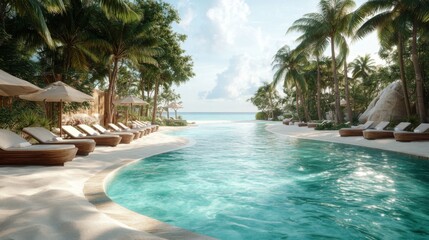 Fototapeta premium Tranquil Poolside Oasis Surrounded by Lush Palm Trees and White Sand Beach