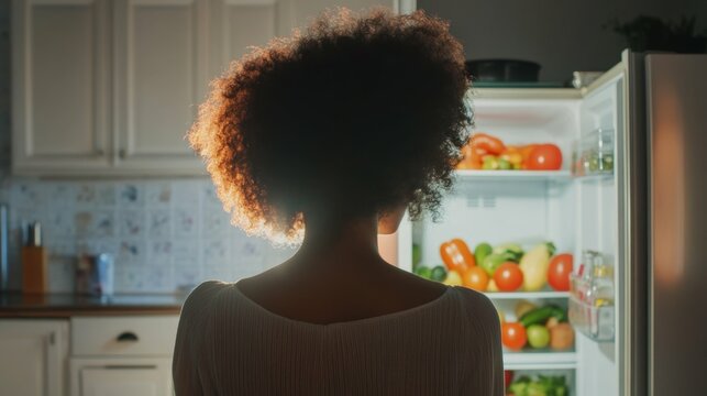Woman with afro curls standing in front of an open refrigerator bright kitchen with fresh produce inside soft daylight minimalistic scene