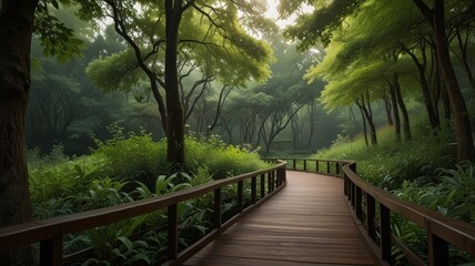 Obraz premium Misty morning path through lush green forest.