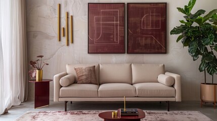 Obraz premium Modern living room design with beige sofa, maroon side table, burgundy wall art, brass accents, minimal plants, elegant decor, sleek and stylish home interior