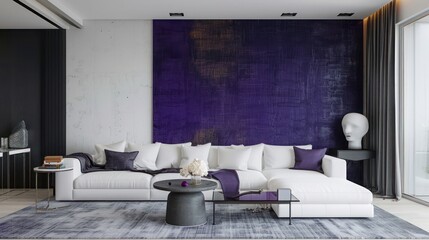 Modern living room design with white sofa, charcoal grey side table, royal purple wall art, elegant decor, sleek and stylish home interior, cozy ambiance