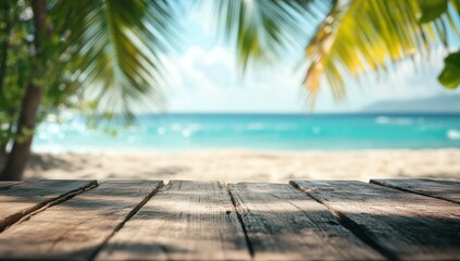 Fototapeta premium tropical beach, wooden table, ocean view, palm trees, sunny day, vacation vibes, summer escape, relaxation, nature scenery, tranquil environment with blurred background