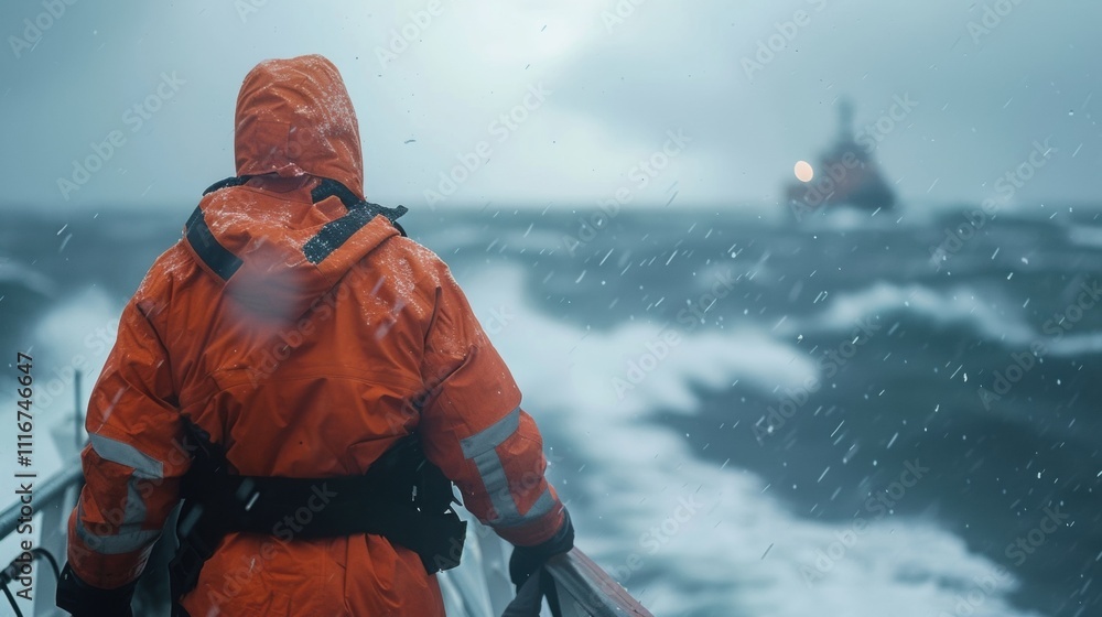 Poster in rough weather crew members can be seen moving swiftly and deliberately following strict safety pr