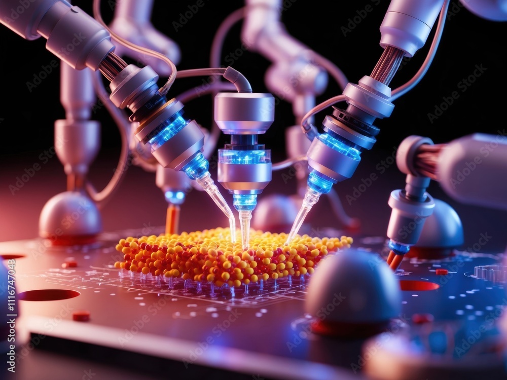 Poster a high-resolution image of nano-robot production, showcasing intricate machinery and advanced techno