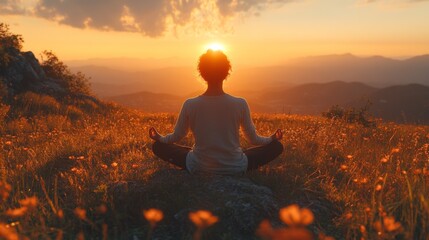 Obraz premium A person sits cross-legged on a rocky surface, meditating as the sun sets behind distant mountains, illuminating the vibrant flowers around them with a warm glow.