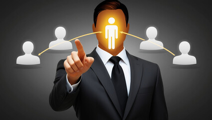 businessman in a suit interacting with a virtual interface, showcasing human connections and leadership in professional networking