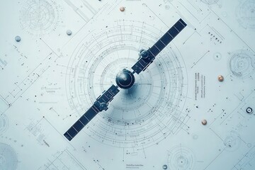 A satellite model is displayed against a backdrop of intricate schematics and technical diagrams, showcasing engineering details and components in a stark, modern design.
