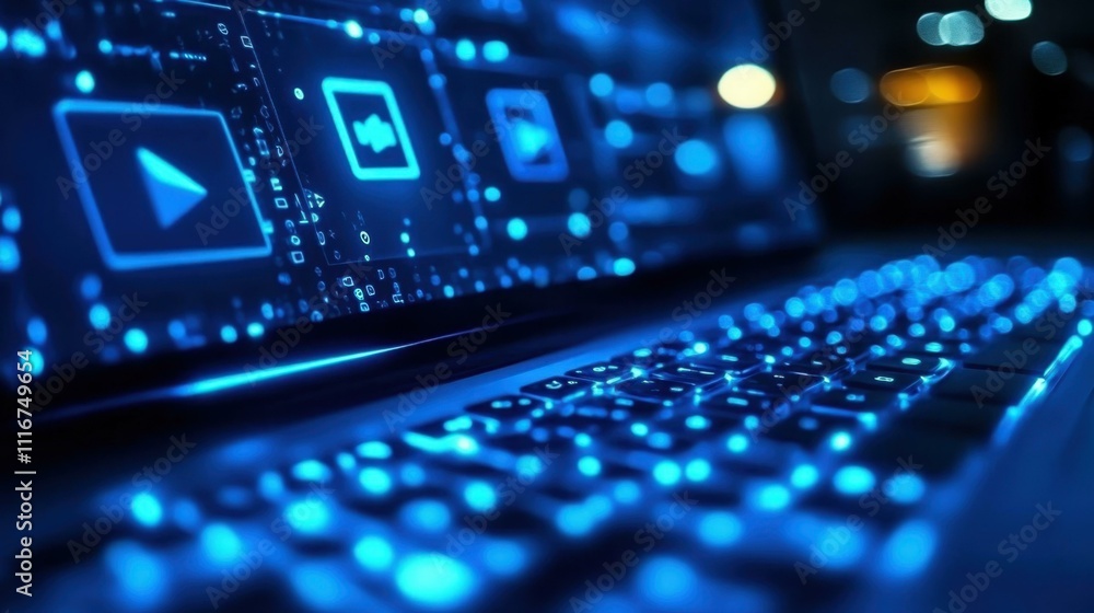 Aufkleber close-up of illuminated computer keyboard with digital icons floating above, technology concept for 