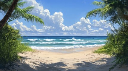 Lush Tropical Beach with Palm Trees and Blue Ocean Waves