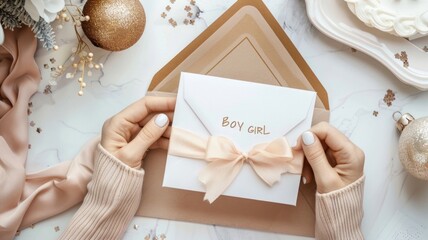 Gender reveal invitation with elegant envelope and ribbon on marble background