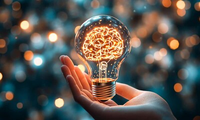 A hand holding a light bulb designed as a brain, symbolizes innovative ideas and creativity.