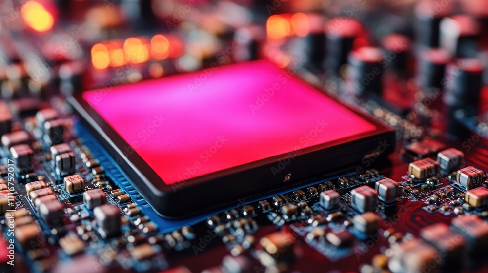 Aufkleber close-up vivid red microchip on high-tech circuit board with electronic components, technology innov