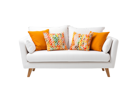 Modern white sofa, wooden legs, retro style, orange throw pillows, floral pattern cushions, minimalist design, bright interior, clean background, contemporary furniture, Scandinavian inspired