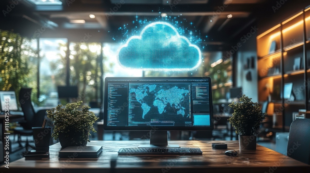 Aufkleber modern computer monitor displaying global data with cloud icon floating above, in stylish office wor