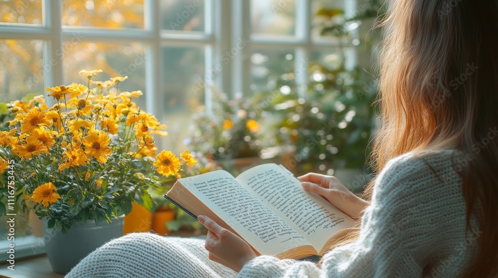 Poster Warm sunlight pours through a window as a person enjoys reading a book while seated near colorful flowers, creating a tranquil autumn atmosphere.
