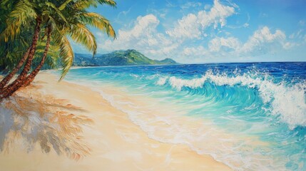Palm Trees and Crashing Waves on a Sandy Beach