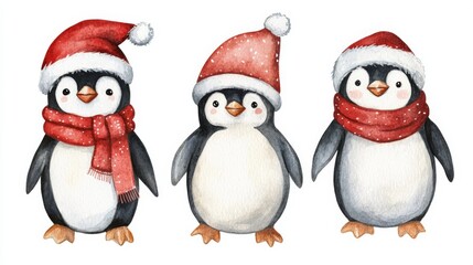 Fototapeta premium Christmas Penguins in Santa Hats