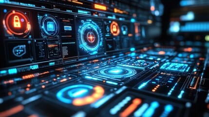 Obraz premium Futuristic digital security interface with glowing holographic icons and data analytics, advanced cybersecurity technology dashboard for business, technology, network protection, and innovation backg