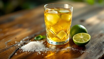 Refreshing Lime Cocktail with Ice in Crystal Glass on Wood