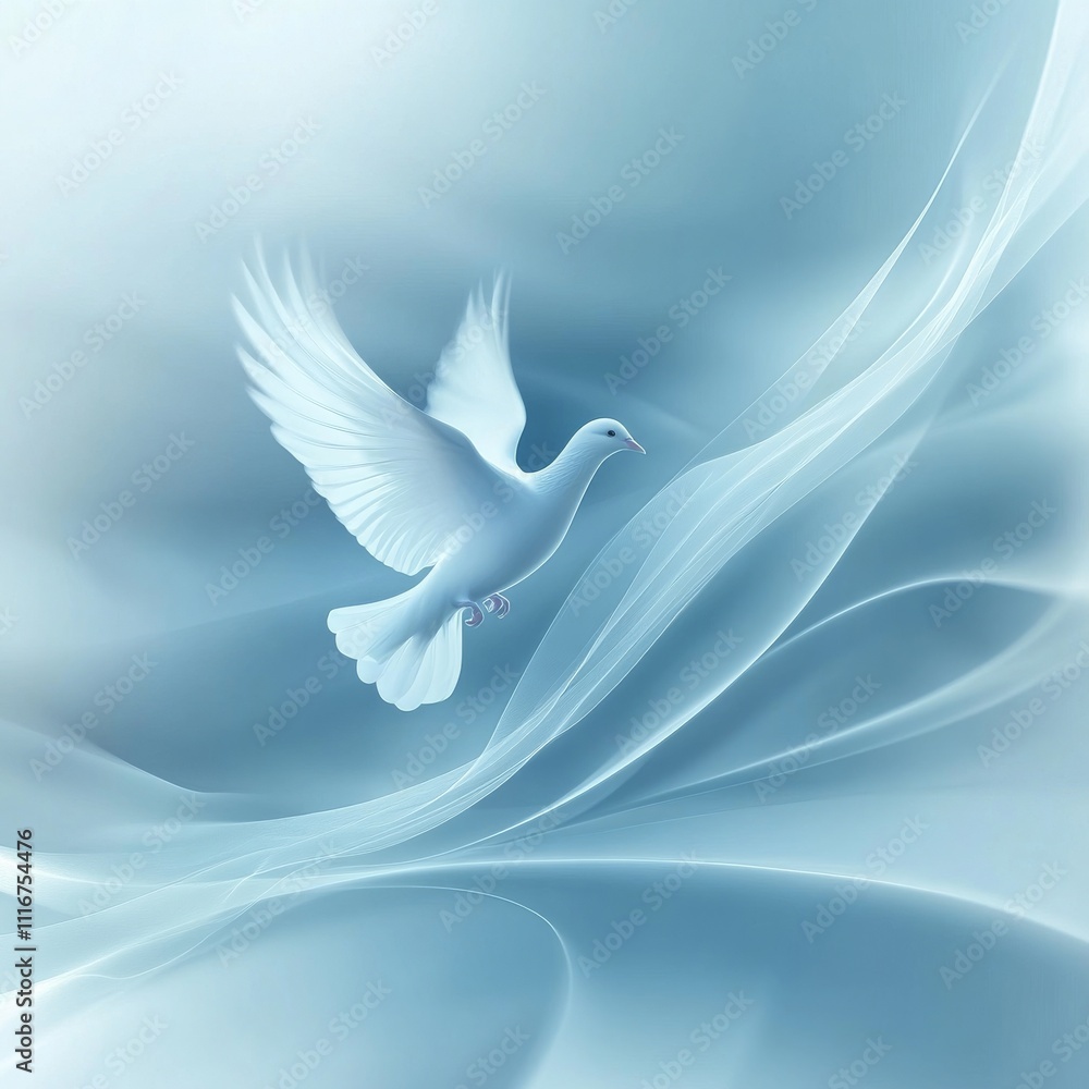 Poster graceful white dove soaring in tranquil sky with flowing ethereal patterns