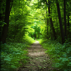 Obraz premium Immersive Nature: Hiking Through a Dense Lime Green Forest Path