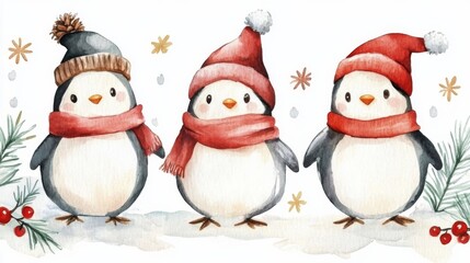 Festive Penguins in Winter Hats