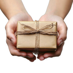 Obraz premium hands holding gift, brown paper wrapped present, twine bow, simple packaging, giving, generosity, close-up, white background, minimalist, thoughtful gesture, eco-friendly, sustainable gift wrapping