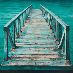 Fototapeta premium Serene Walk: Crossing a Teal Pontoon Bridge Over Calm Waters