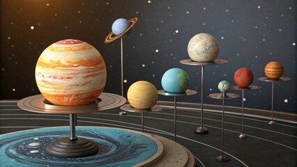 Mechanical model of the solar system is showing planets orbiting around the sun, an educational tool for astronomy enthusiasts and students