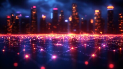 Fototapeta premium Futuristic digital network grid with glowing red and blue nodes overlaying city skyline at night, technology concept for smart city, data connection, innovation, cyberspace background, tech visualiza
