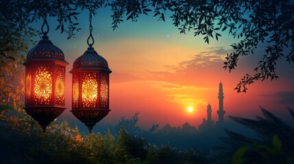 Fototapeta premium Sunset Lanterns Over Mosque Skyline