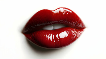 Obraz premium A pair of glossy red lips slightly puckered, isolated on white backgroundhigh quality image