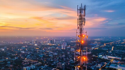 Fototapeta premium Illuminated Internet Tower Overlooking Cityscape at Dusk, Symbolizing Connectivity and Technology Growth. Concept of Urban Development, Communication Infrastructure, and Modern City Life