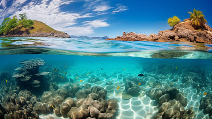 Obraz premium Crystal-Clear Turquoise Waters with Pristine Clarity, Idyllic Aquatic Scene, Perfect for Travel Ads, Relaxation Themes, Nature Blogs, Luxury Resorts, Environmental Campaigns, and Tropical Destination 