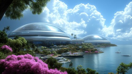 Obraz premium Futuristic silver domed buildings by serene lake with vibrant pink flowers lush green trees under sunny blue sky ideal for sci-fi, technology, innovation, nature backgrounds, or peaceful retreats ima