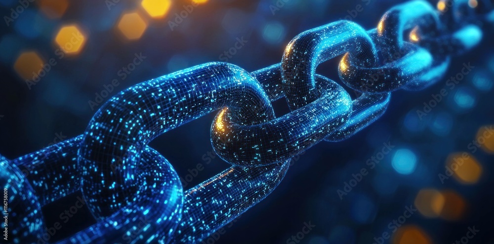 Poster glowing digital chain link representing data connectivity and cybersecurity in a futuristic abstract