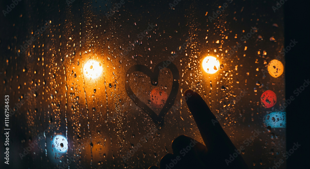 Poster hand pointing at heart shape on wet window with raindrops and warm lights in background