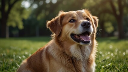 Happy golden dog sitting in green grass.