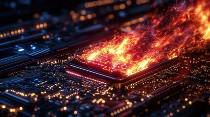 Obraz premium Phone cooler PyTorch Ai rendering Hosting core Hot wallet Exynos NVM Express Axelera Deep Instinct Firewalla Burning microchip integrated circuit overheating, digital technology failure, hardware mal