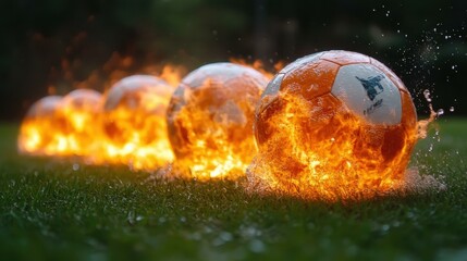 Fiery soccer balls rolling on grass field, intense motion, sports action, dynamic energy, game excitement, stadium background, perfect for sports events, team competition, and athletic promotions, vi