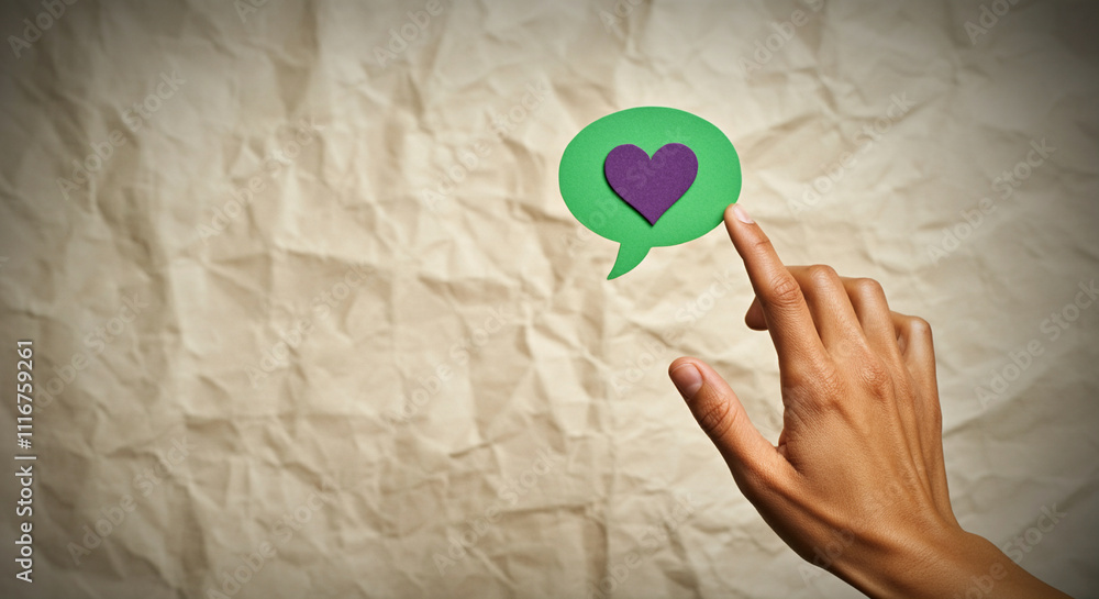 Poster hand gesture with speech bubble displaying heart symbol on textured background