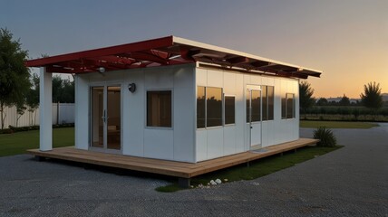 Fototapeta premium Modern prefab house on a deck at sunset.