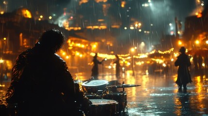 dlss Spatial Audio Qd-oled Phygital Udio ai Immersive experiences Amanotes Tunetank Boomy Artgrid Silhouetted drummer playing electronic drums during rainy night urban music festival with bright stre