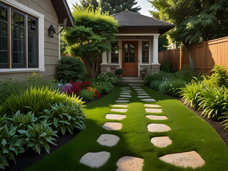 Fototapeta premium Beautiful Backyard Garden with Lush Green Grass and Stone Path to the House