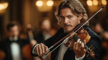 A violinist plays passionately during a formal concert.
