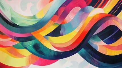 A colorful abstract artwork featuring flowing waves of vivid colors, blending seamlessly into each other, creating a sense of motion and energy.
