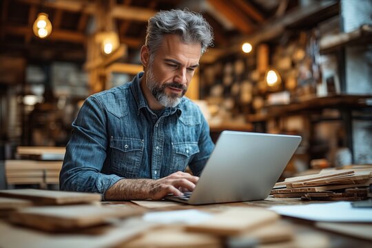 Craftsman in a workshop focused on laptop with wooden planks and tools around.